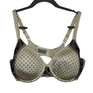Bali 3547 Underwire Bra 38C Champagne Cream Black Polka Dot Lace Trim Adjustable